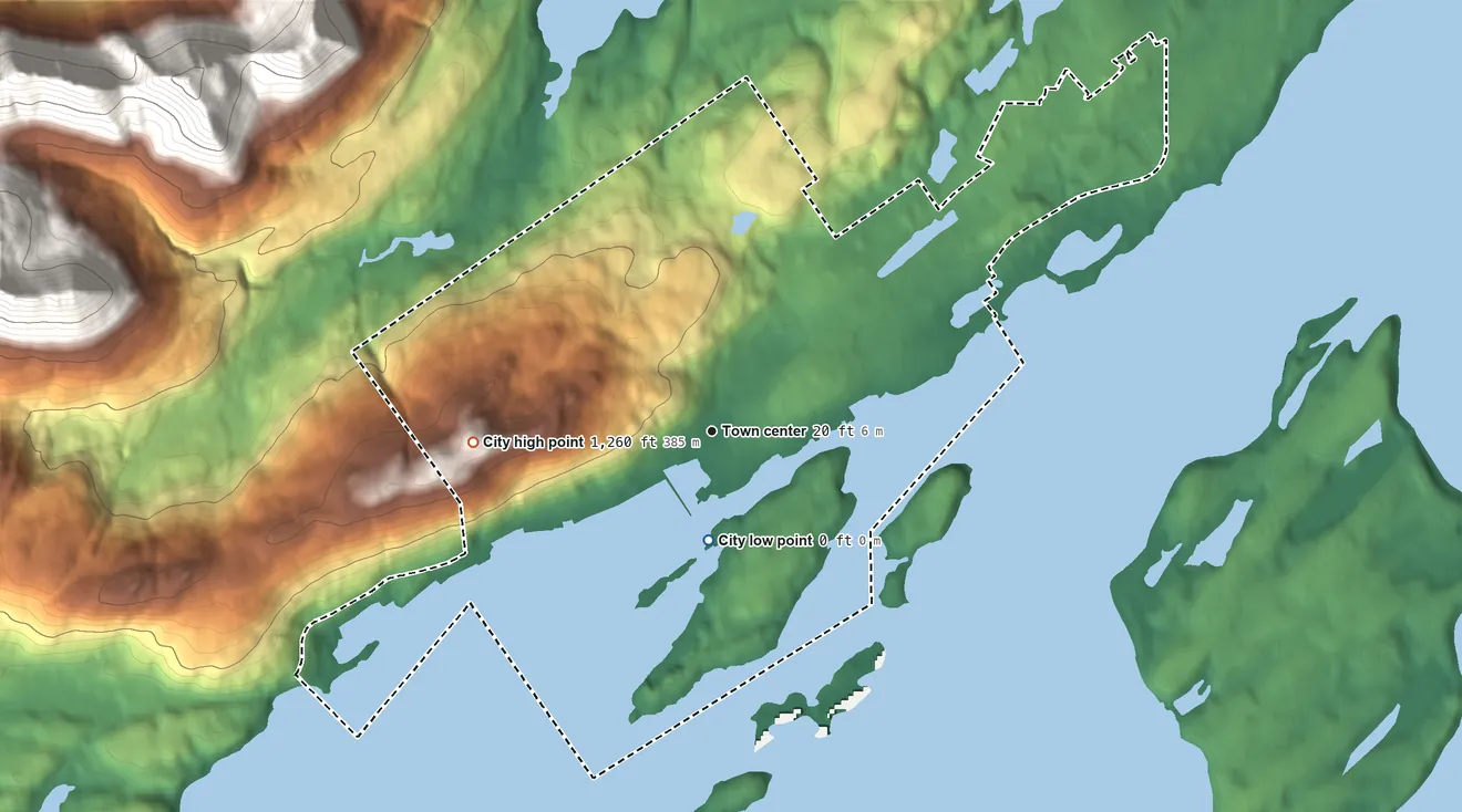 Topographic elevation map of Kodiak, Alaska, shaded from sea level level on St. Herman Harbor to 1,260 ft on Pillar Mountain