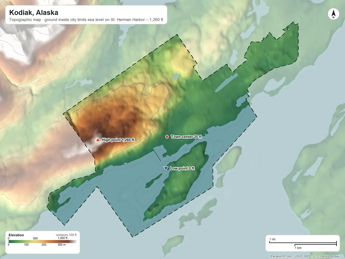 Topographic elevation map of Kodiak, Alaska, shaded from sea level level on St. Herman Harbor to 1,260 ft on Pillar Mountain