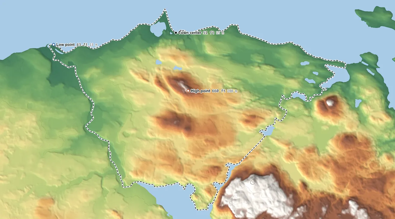 Topographic elevation map of Kokhanok, Alaska, shaded from 43 ft on the west side to 660 ft on the south side