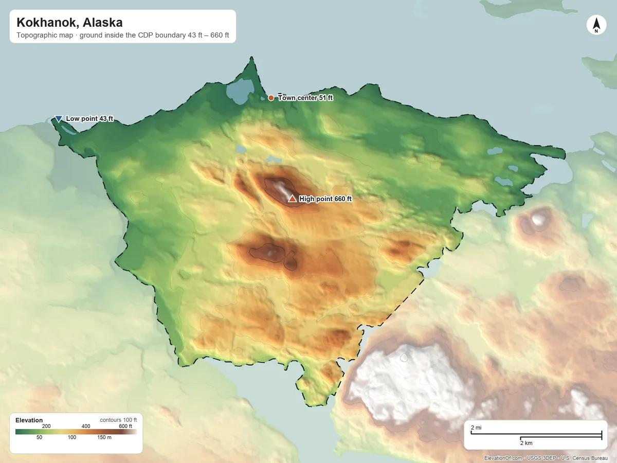 Topographic elevation map of Kokhanok, Alaska, shaded from 43 ft on the west side to 660 ft on the south side