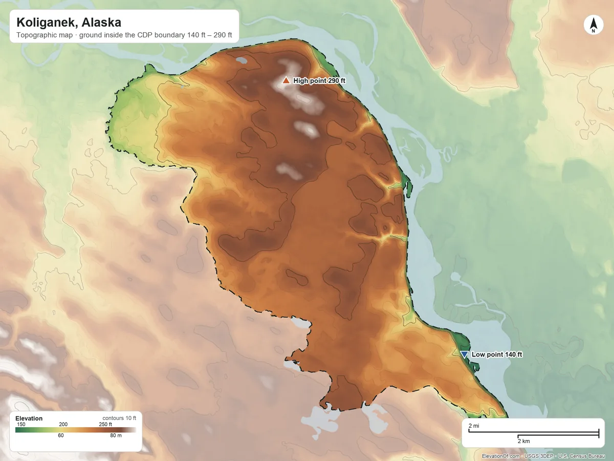 Topographic elevation map of Koliganek, Alaska, shaded from 140 ft on the southeast side to 290 ft on the east side