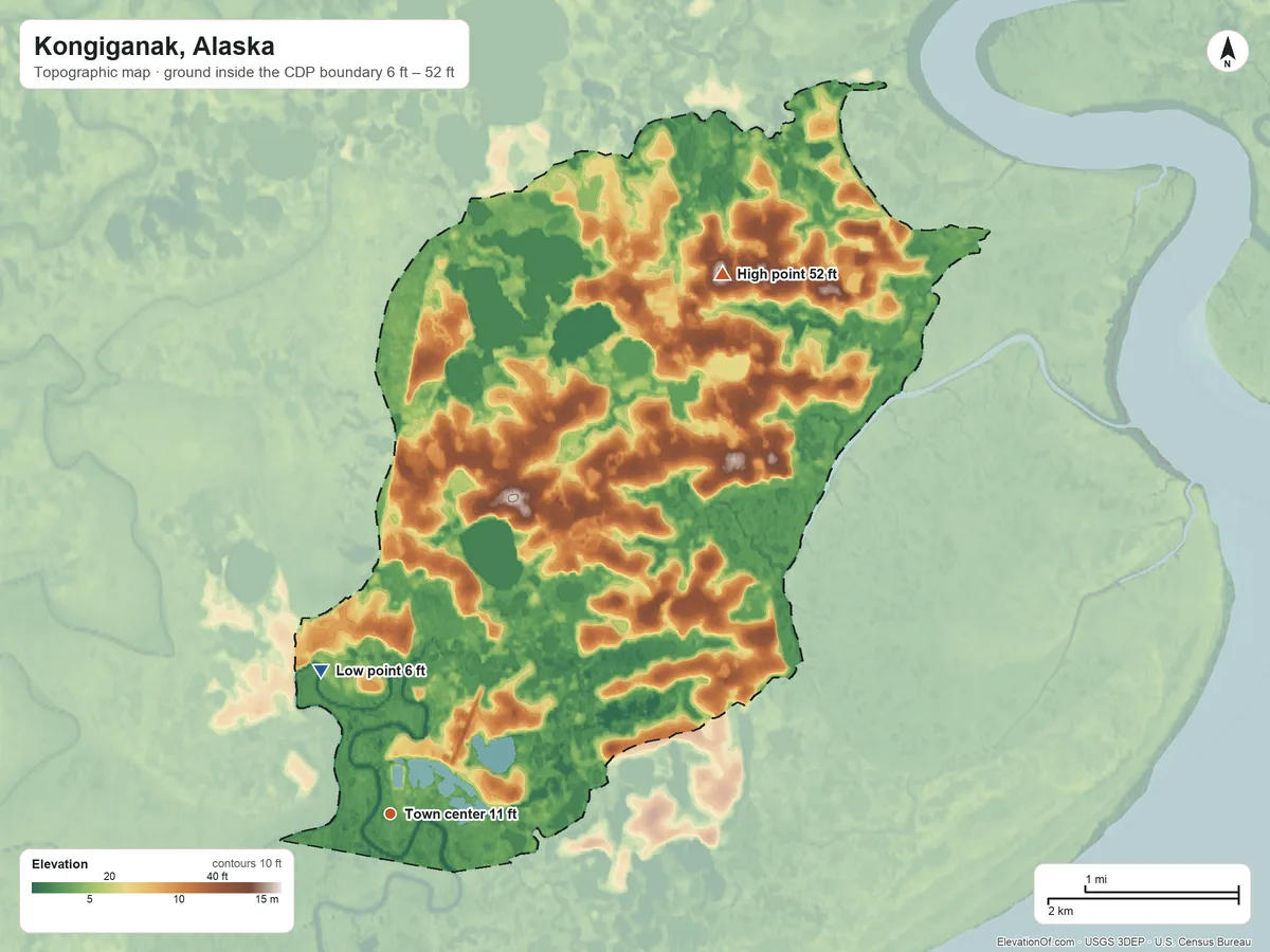 Topographic elevation map of Kongiganak, Alaska, shaded from 6 ft on the northwest side to 52 ft on the northeast side