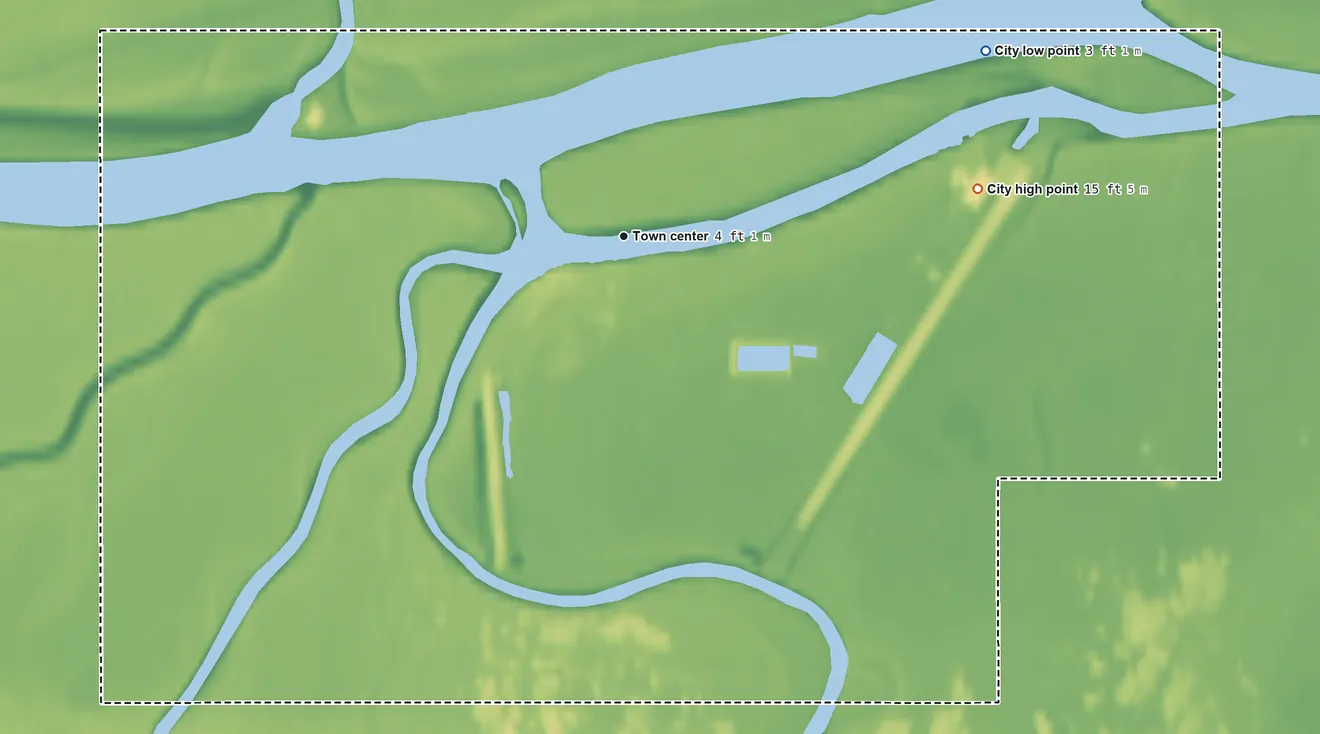 Topographic elevation map of Kotlik, Alaska, shaded from 3 ft on the northeast side to 15 ft on the east side