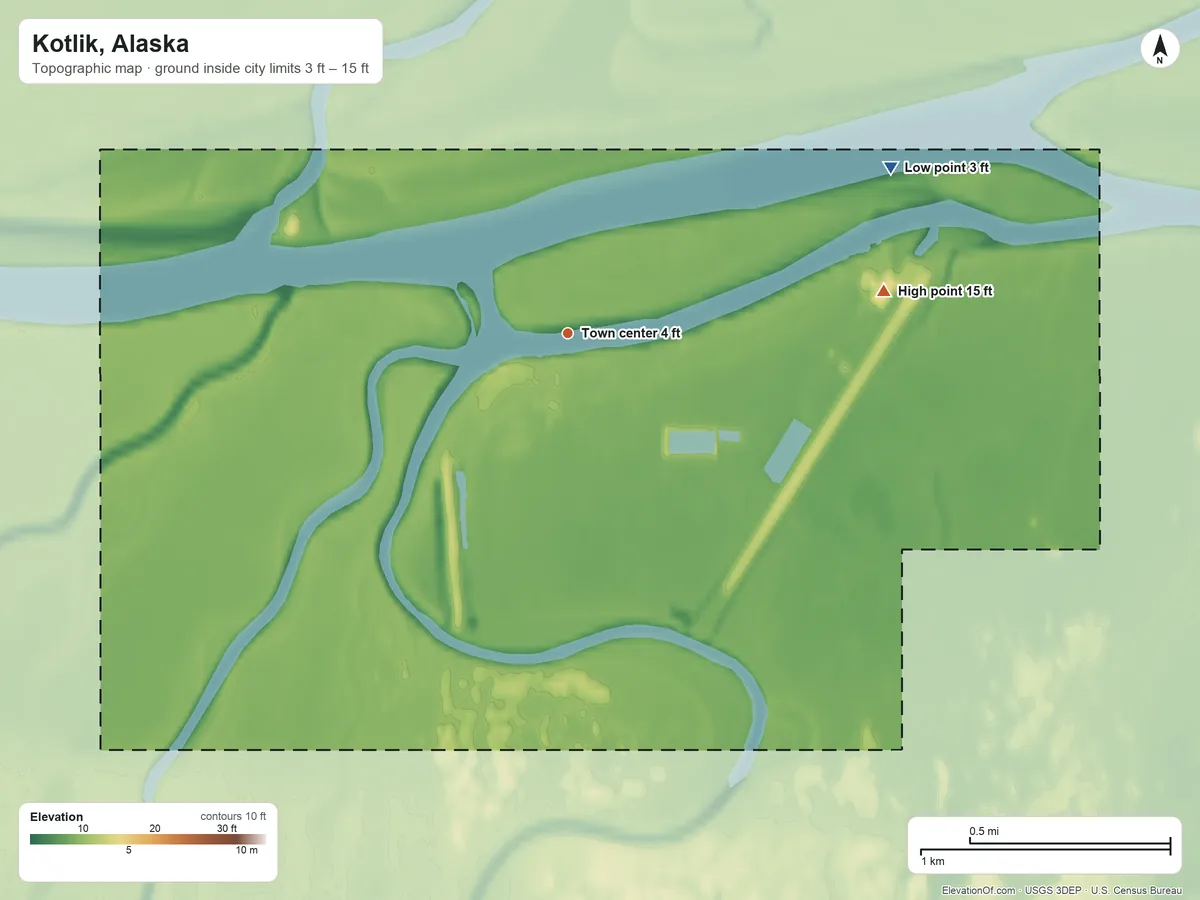 Topographic elevation map of Kotlik, Alaska, shaded from 3 ft on the northeast side to 15 ft on the east side
