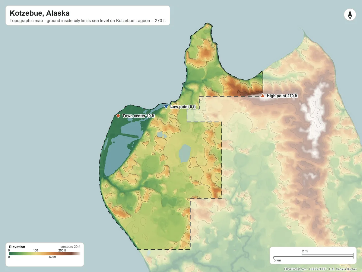 Topographic elevation map of Kotzebue, Alaska, shaded from sea level level on Kotzebue Lagoon to 270 ft on the east side