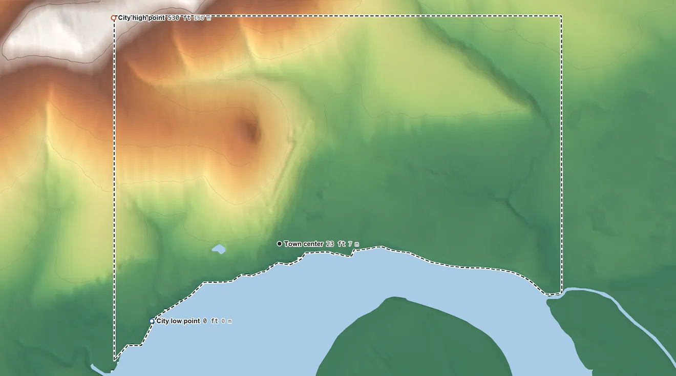 Topographic elevation map of Koyuk, Alaska, shaded from 0 ft on the southwest side to 530 ft on the northwest edge, below higher ground just outside