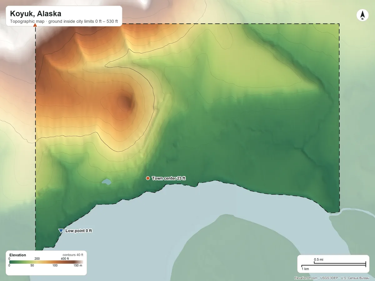 Topographic elevation map of Koyuk, Alaska, shaded from 0 ft on the southwest side to 530 ft on the northwest edge, below higher ground just outside