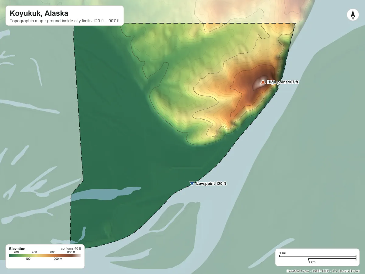 Topographic elevation map of Koyukuk, Alaska, shaded from 120 ft on the northeast side to 907 ft on Koyukuk Mountain