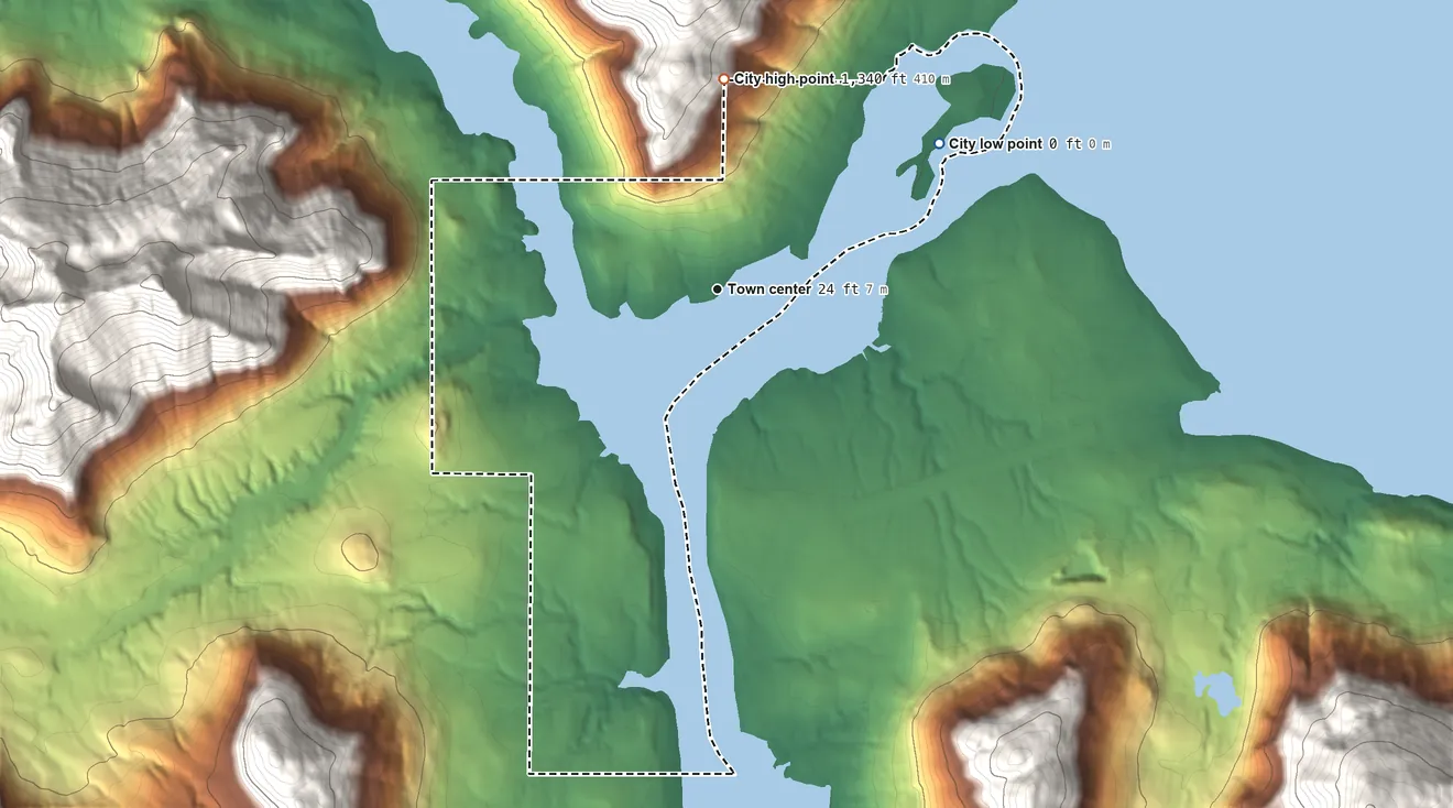 Topographic elevation map of Kupreanof, Alaska, shaded from sea level level on the Wrangell Narrows to 1,340 ft at the foot of the Missionary Range