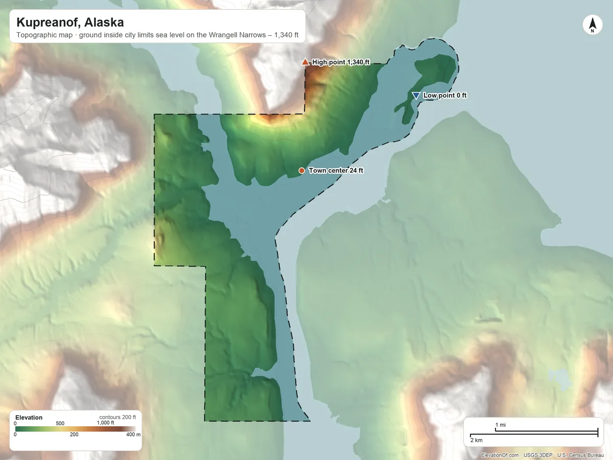 Topographic elevation map of Kupreanof, Alaska, shaded from sea level level on the Wrangell Narrows to 1,340 ft at the foot of the Missionary Range