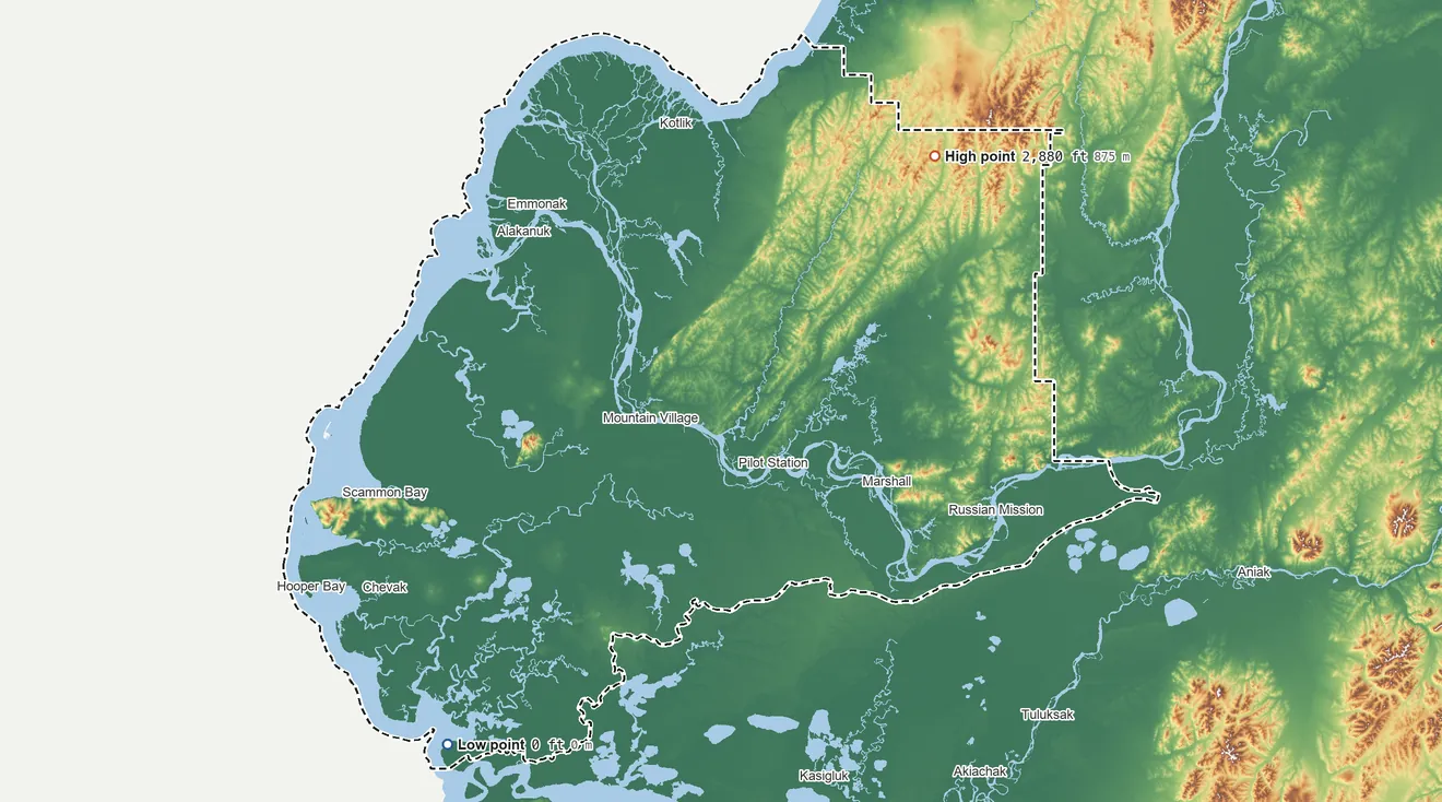 Topographic elevation map of Kusilvak Census Area, Alaska, shaded from sea level on Hazen Bay to 2,880 ft on the northeast side