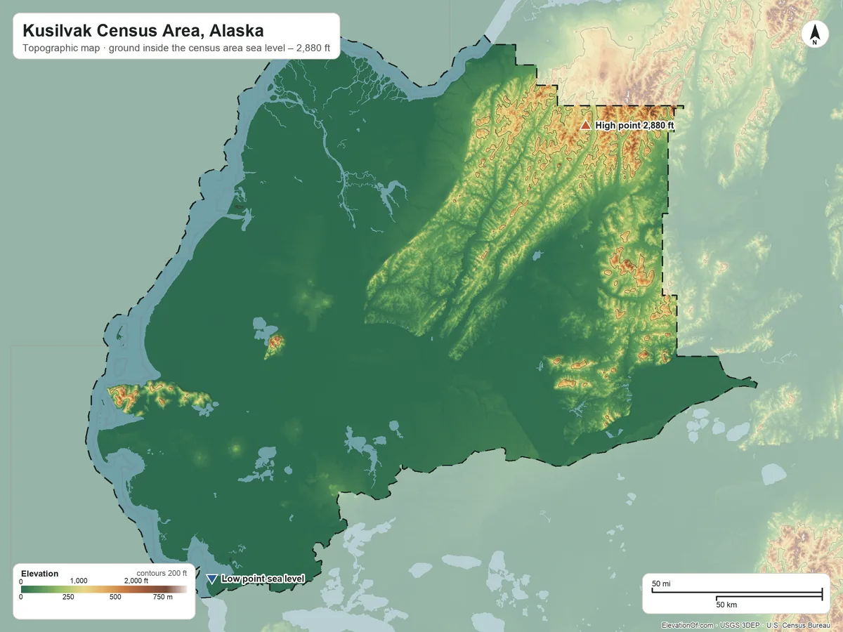 Topographic elevation map of Kusilvak Census Area, Alaska, shaded from sea level on Hazen Bay to 2,880 ft on the northeast side