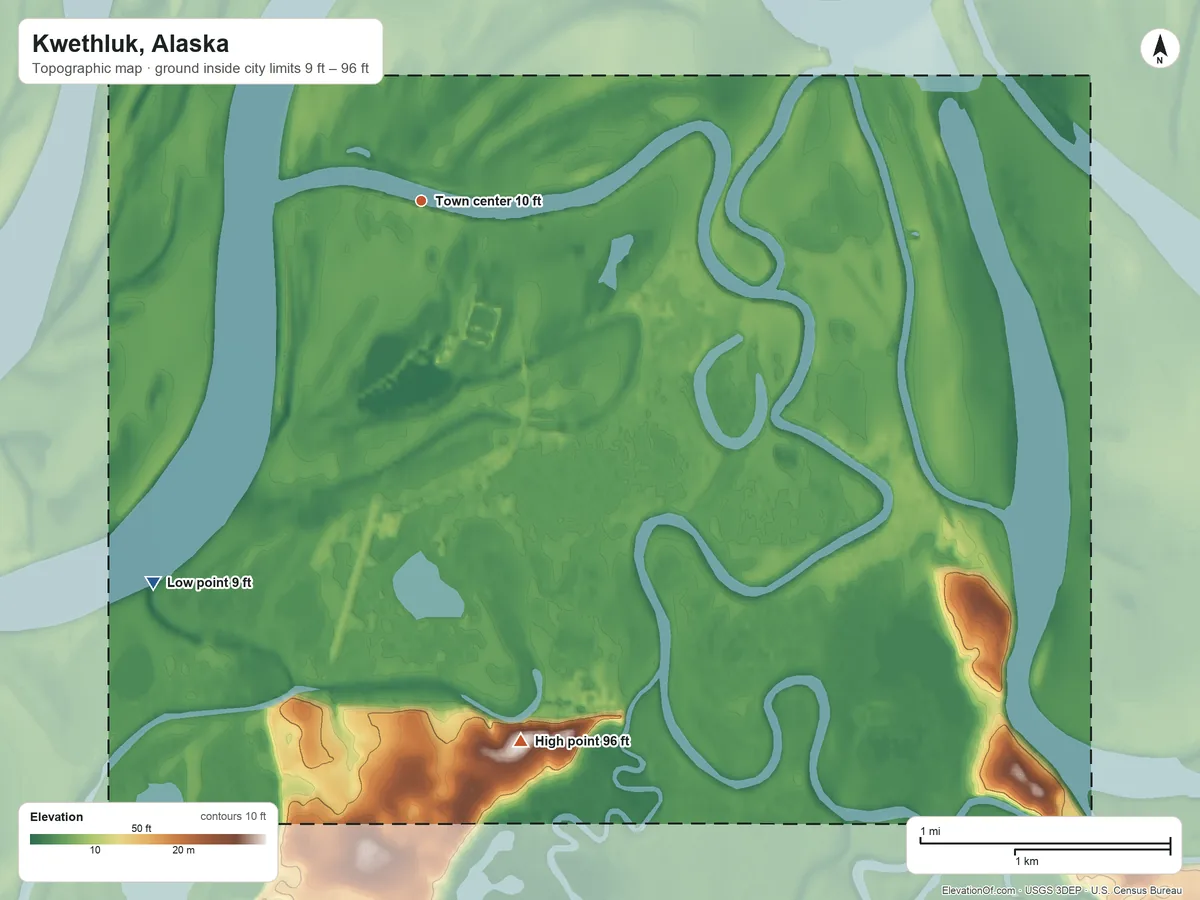 Topographic elevation map of Kwethluk, Alaska, shaded from 9 ft on the southwest side to 96 ft on the south side