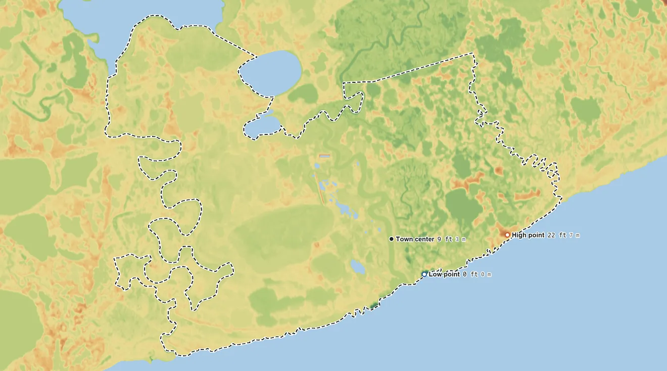 Topographic elevation map of Kwigillingok, Alaska, shaded from sea level level on Kuskokwim Bay to 22 ft on the east side