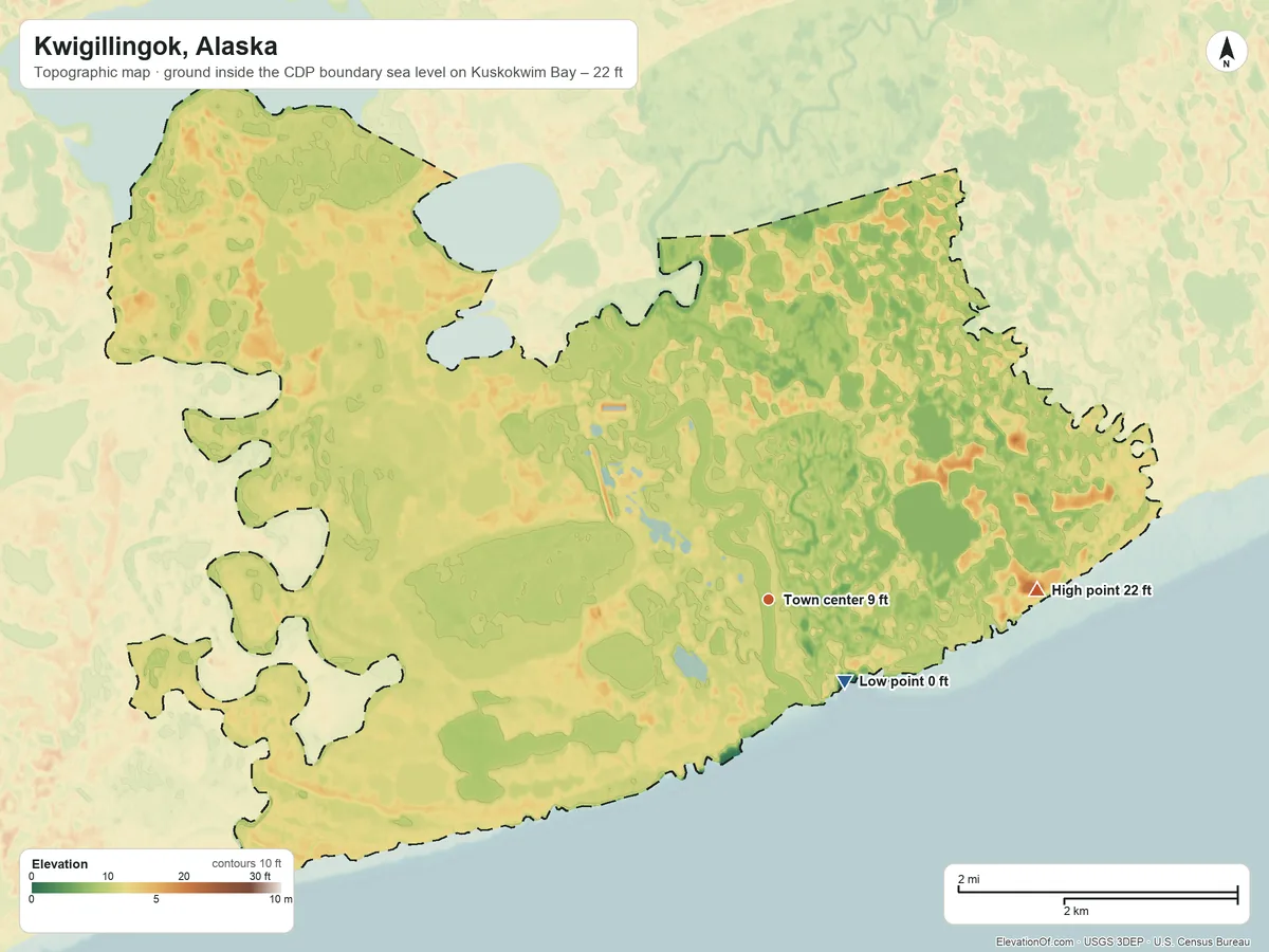 Topographic elevation map of Kwigillingok, Alaska, shaded from sea level level on Kuskokwim Bay to 22 ft on the east side