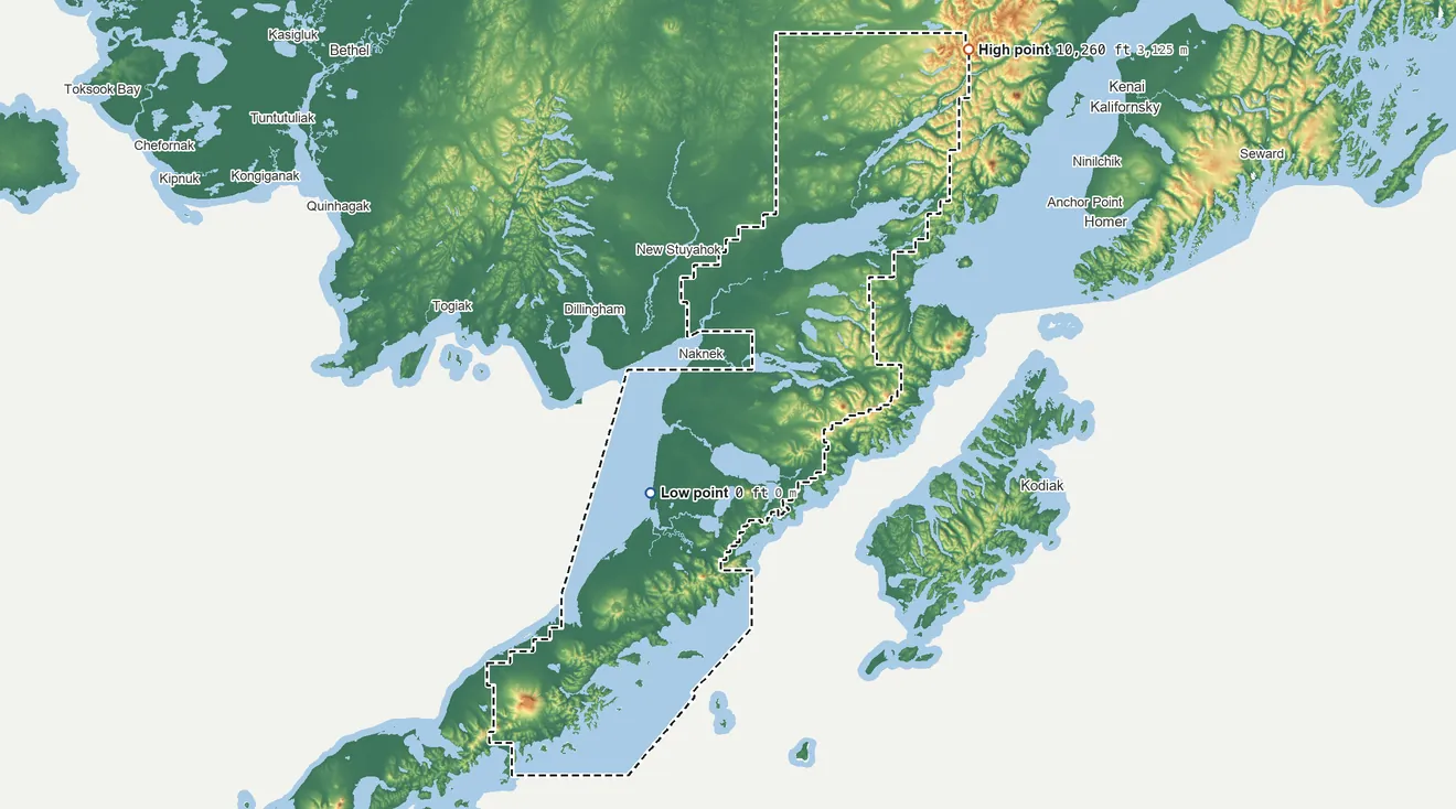 Topographic elevation map of Lake and Peninsula Borough, Alaska, shaded from sea level on Bristol Bay to 10,260 ft on the northeast side