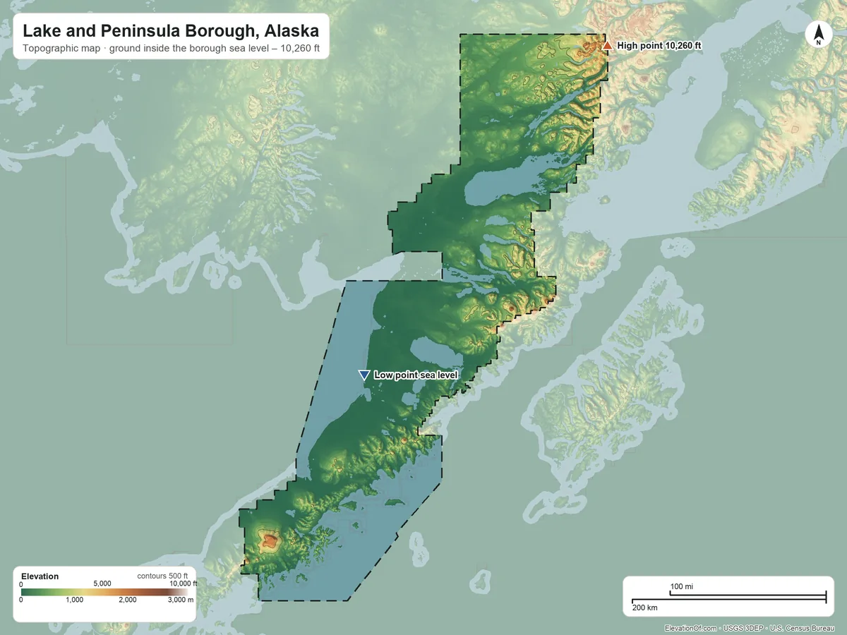 Topographic elevation map of Lake and Peninsula Borough, Alaska, shaded from sea level on Bristol Bay to 10,260 ft on the northeast side