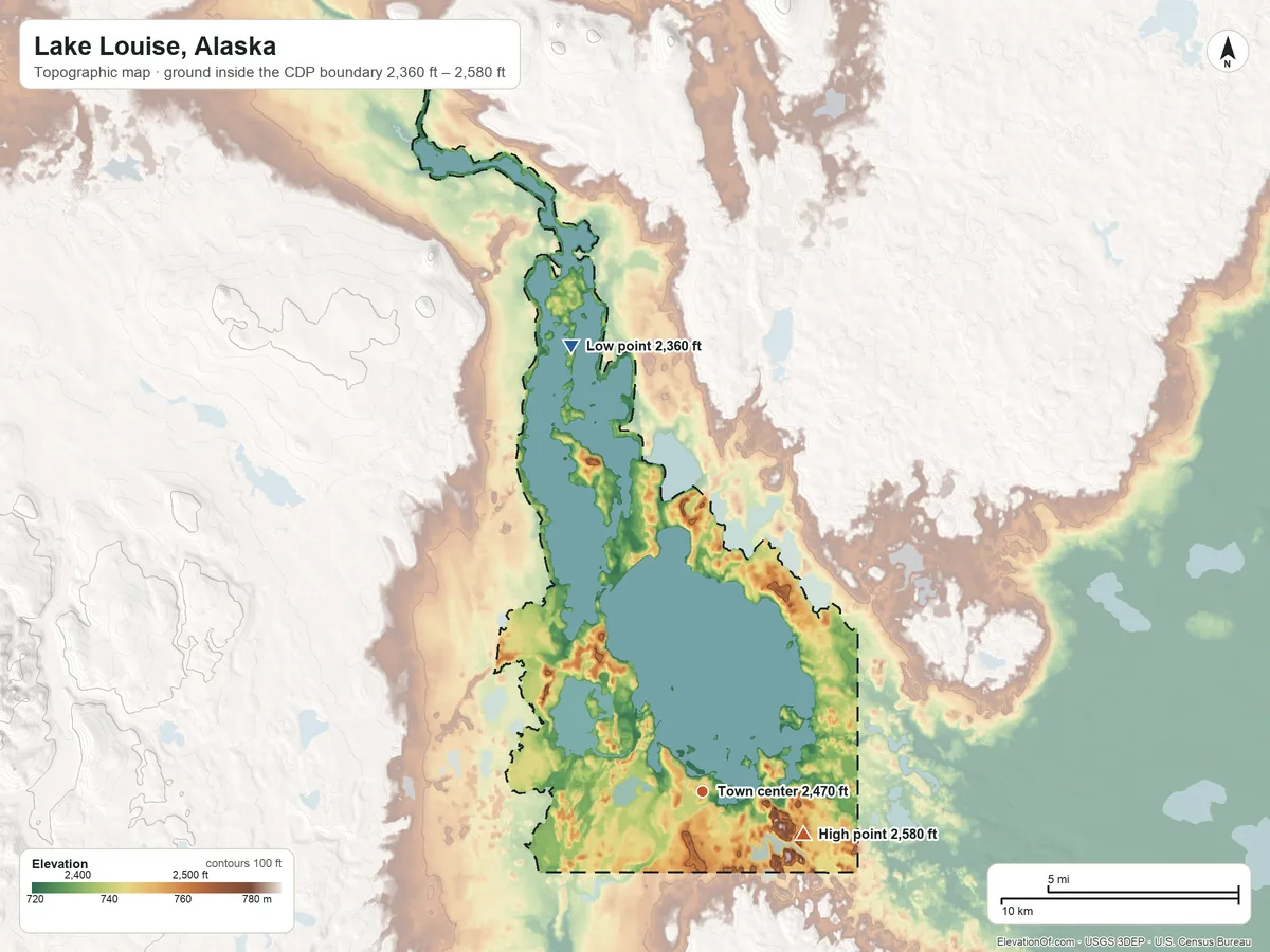 Topographic elevation map of Lake Louise, Alaska, shaded from 2,360 ft on the north side to 2,580 ft on the southeast side