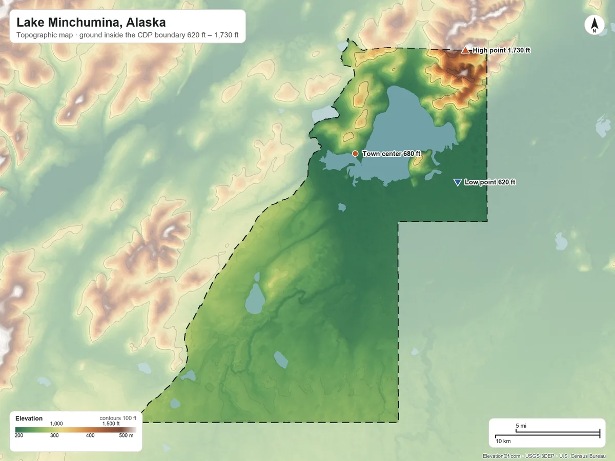 Topographic elevation map of Lake Minchumina, Alaska, shaded from 620 ft on the east side to 1,730 ft on the northeast side