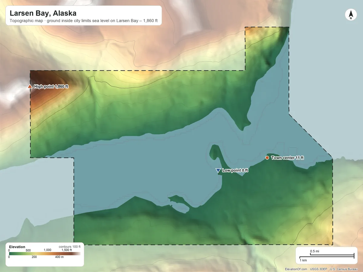 Topographic elevation map of Larsen Bay, Alaska, shaded from sea level level on Larsen Bay to 1,860 ft on the west edge, below higher ground just outside