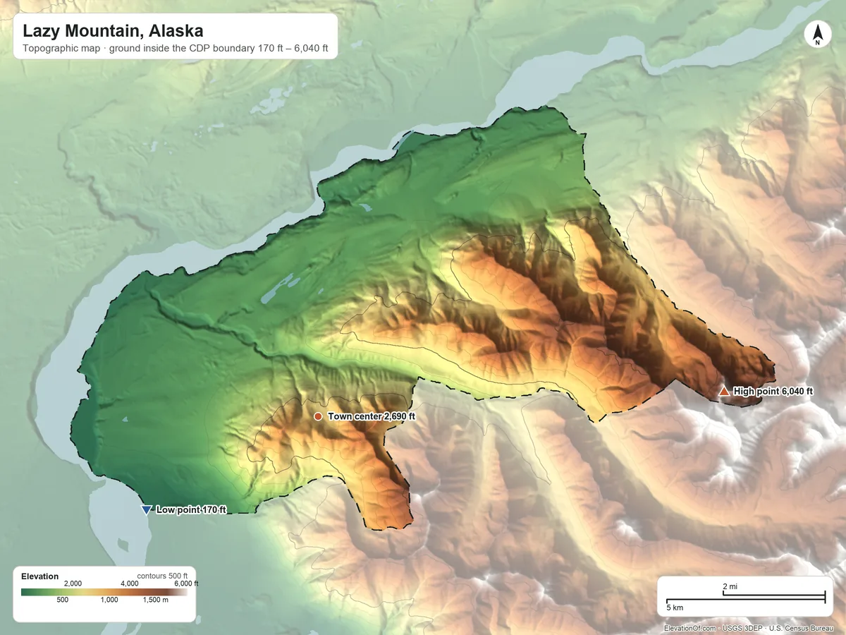 Topographic elevation map of Lazy Mountain, Alaska, shaded from 170 ft on the southwest side to 6,040 ft on the east edge, below higher ground just outside