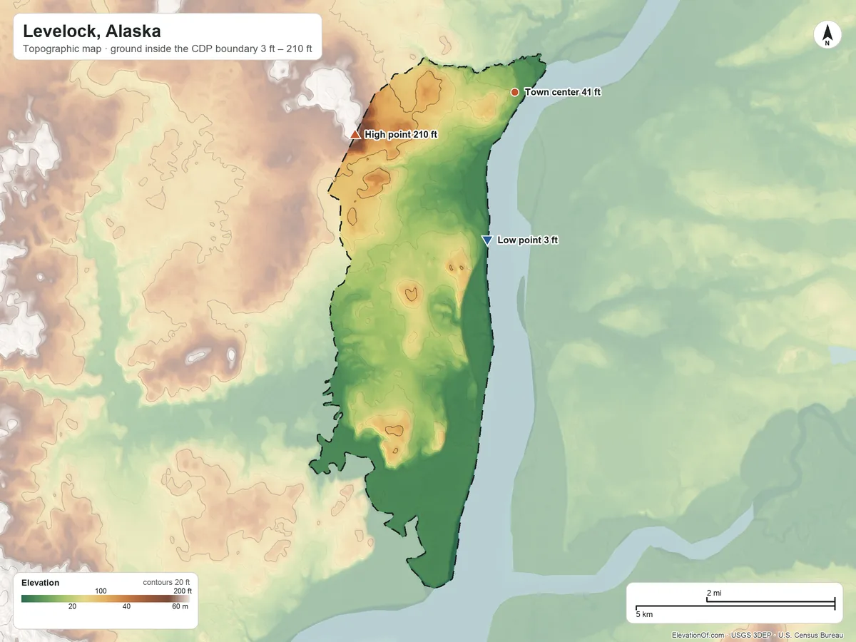 Topographic elevation map of Levelock, Alaska, shaded from 3 ft on the south side to 210 ft on the west side