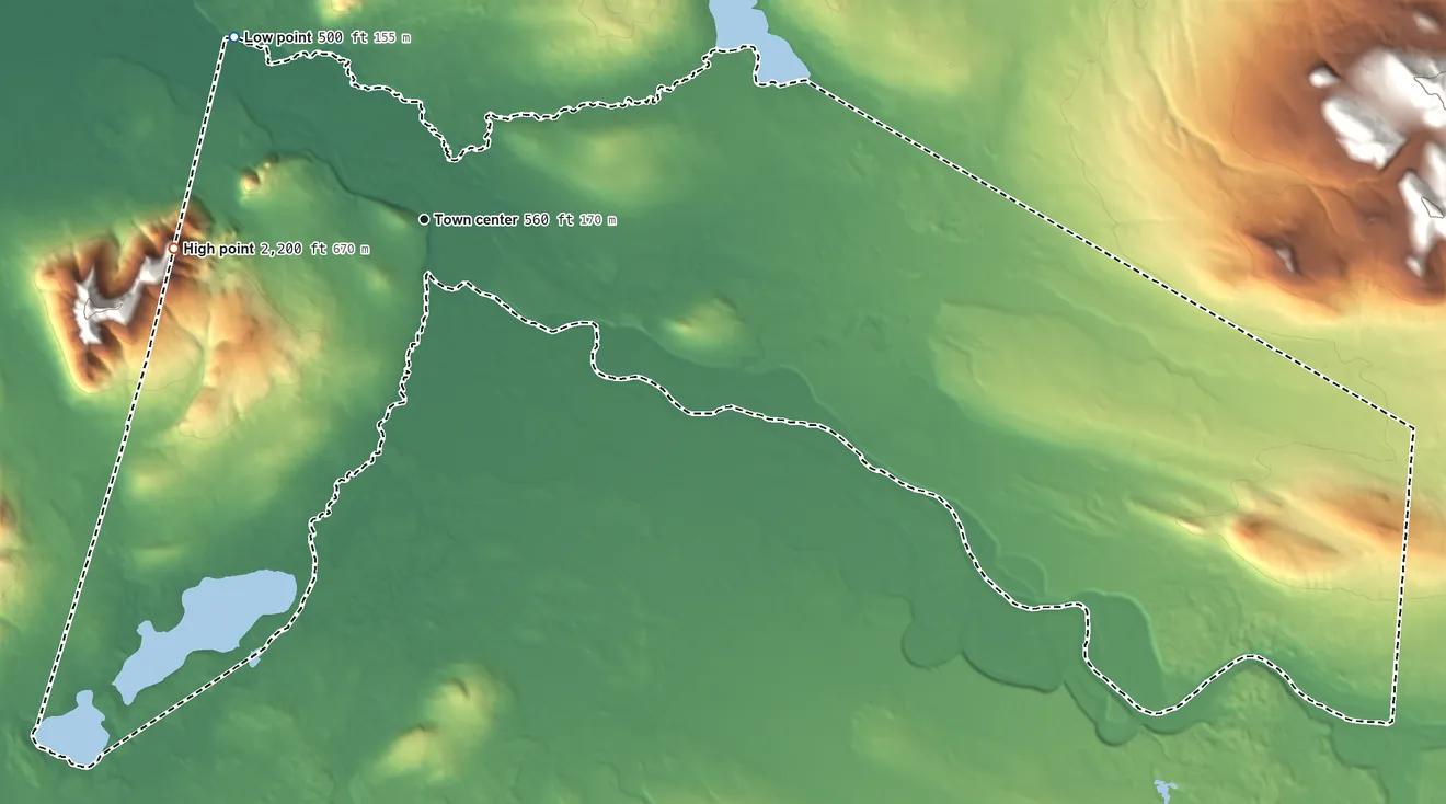 Topographic elevation map of Lime Village, Alaska, shaded from 500 ft on the northwest side to 2,200 ft at the foot of the Lime Hills