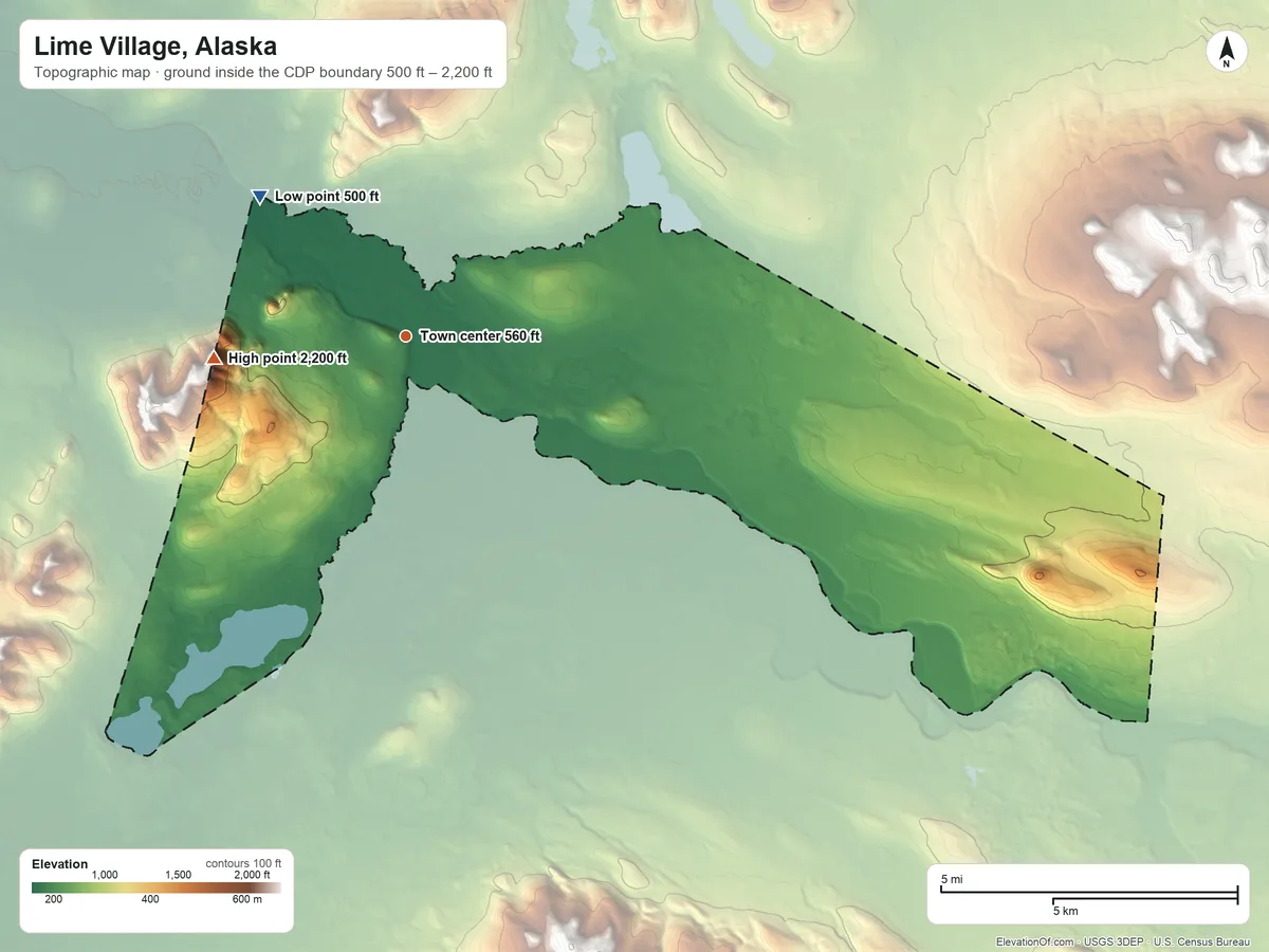Topographic elevation map of Lime Village, Alaska, shaded from 500 ft on the northwest side to 2,200 ft at the foot of the Lime Hills