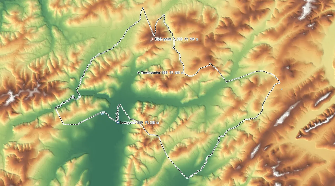 Topographic elevation map of Livengood, Alaska, shaded from 380 ft on the southwest side to 2,580 ft on Livengood Dome