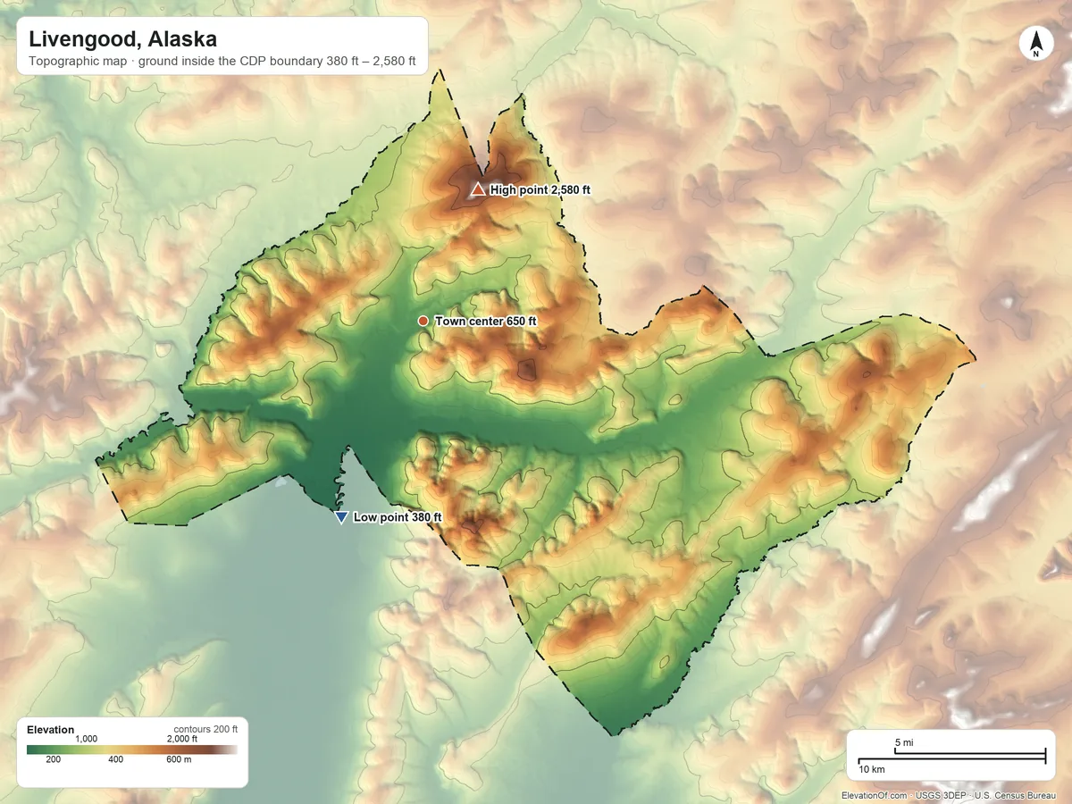 Topographic elevation map of Livengood, Alaska, shaded from 380 ft on the southwest side to 2,580 ft on Livengood Dome