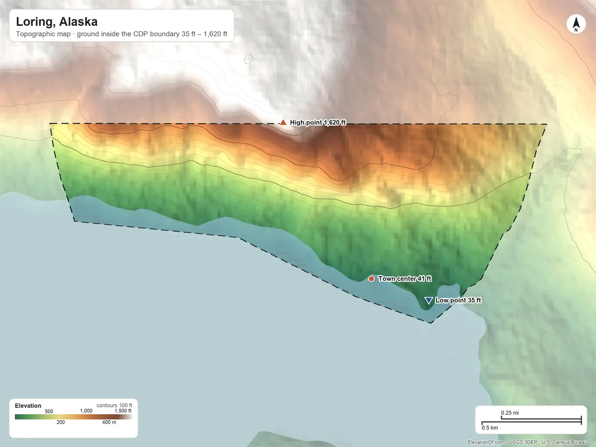 Topographic elevation map of Loring, Alaska, shaded from 35 ft on the east side to 1,620 ft on the northwest edge, below higher ground just outside