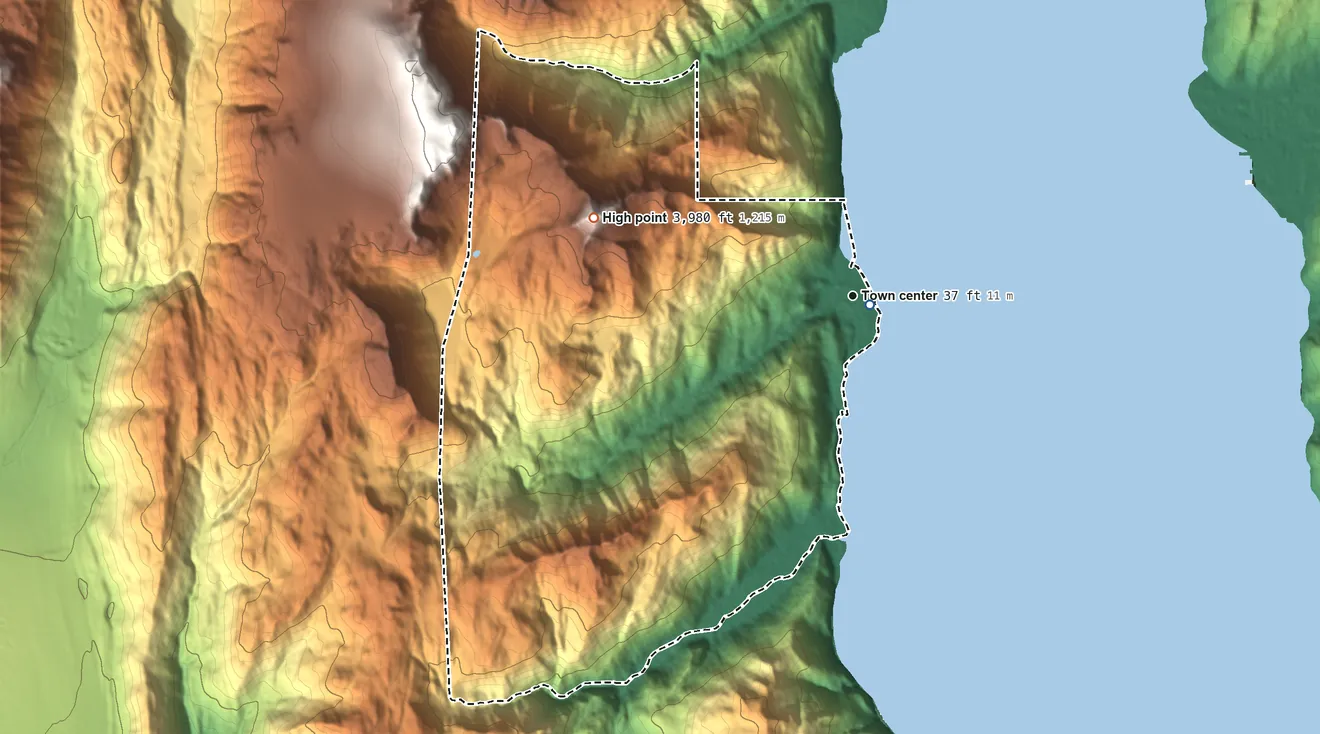 Topographic elevation map of Lowell Point, Alaska, shaded from 5 ft near the middle to 3,980 ft on Bear Mountain