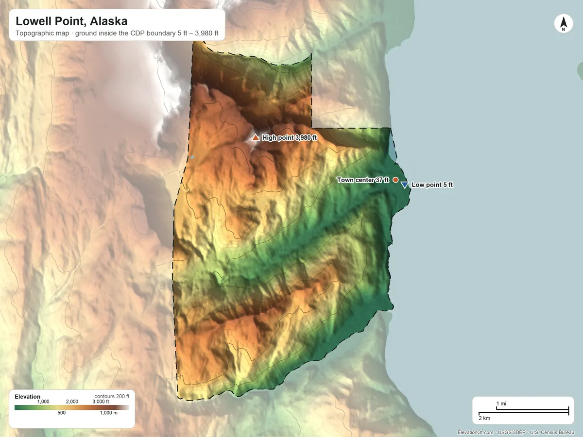 Topographic elevation map of Lowell Point, Alaska, shaded from 5 ft near the middle to 3,980 ft on Bear Mountain
