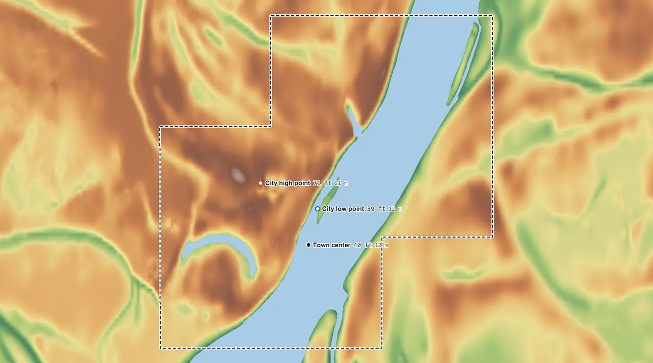 Topographic elevation map of Lower Kalskag, Alaska, shaded from 39 ft near the middle to 71 ft on the northwest side