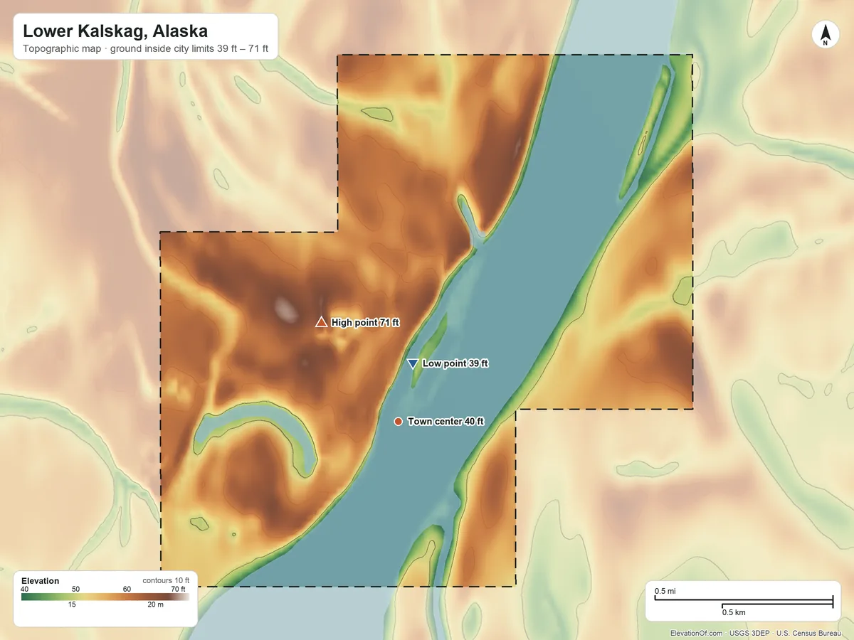 Topographic elevation map of Lower Kalskag, Alaska, shaded from 39 ft near the middle to 71 ft on the northwest side
