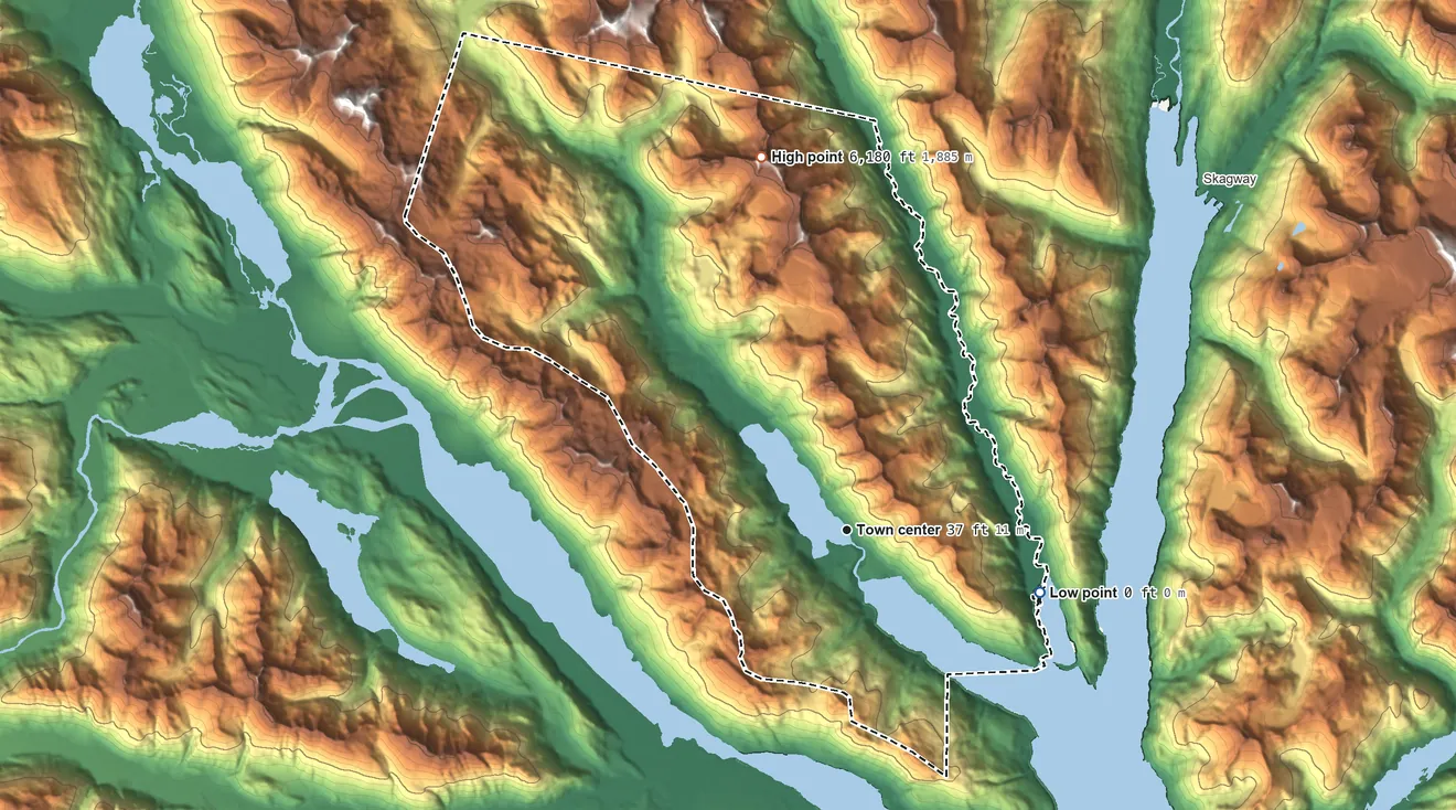 Topographic elevation map of Lutak, Alaska, shaded from sea level level on Taiyasanka Harbor to 6,180 ft on the north side