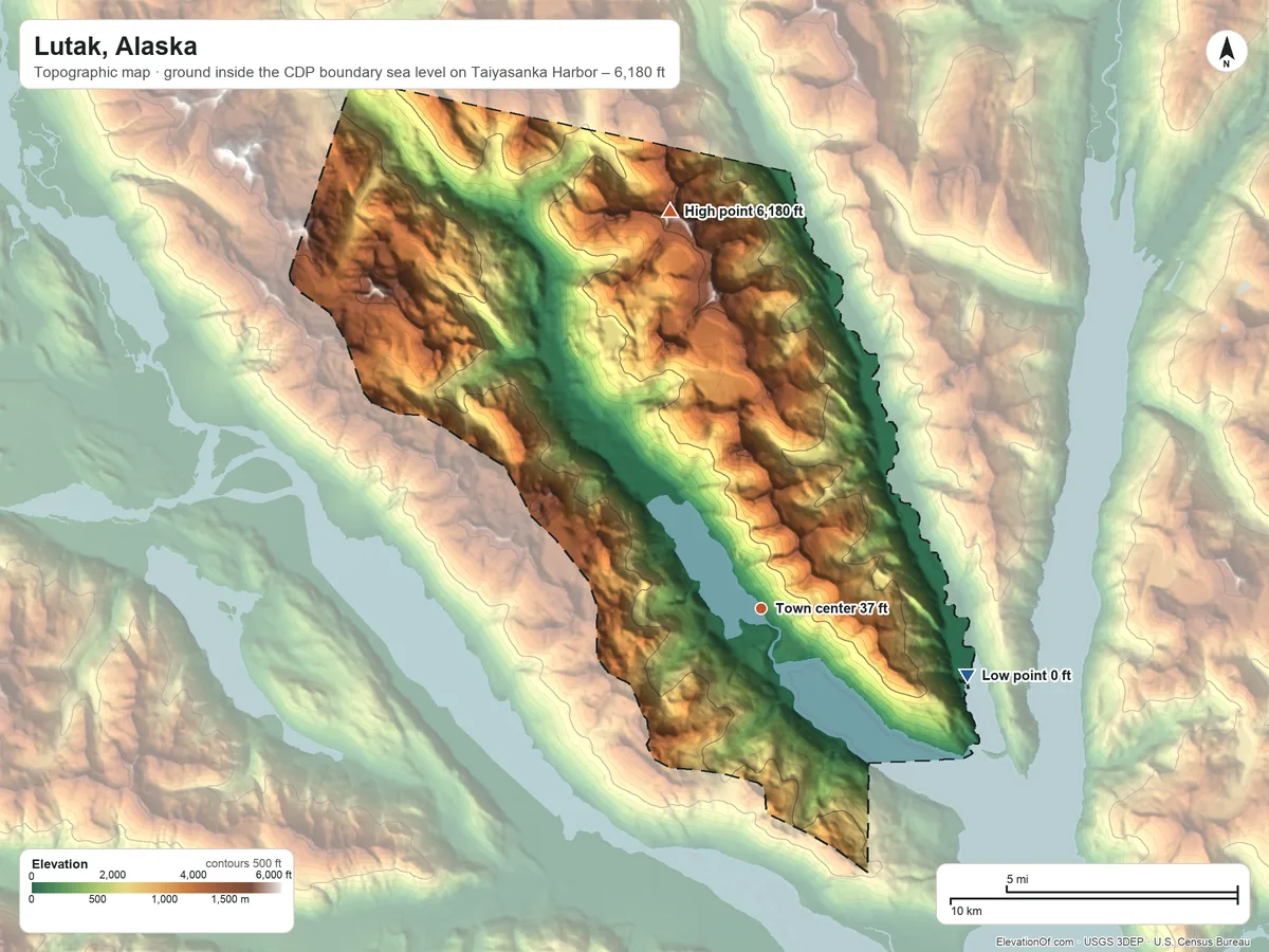 Topographic elevation map of Lutak, Alaska, shaded from sea level level on Taiyasanka Harbor to 6,180 ft on the north side