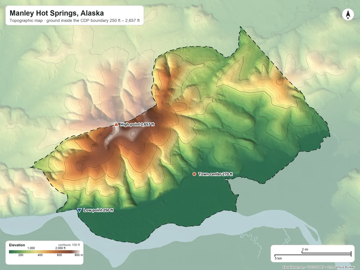 Topographic elevation map of Manley Hot Springs, Alaska, shaded from 250 ft on the west side to 2,657 ft on Manley Hot Springs Dome
