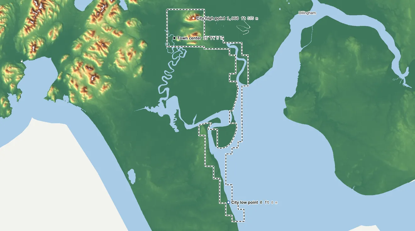 Topographic elevation map of Manokotak, Alaska, shaded from sea level level on Nushagak Bay to 1,960 ft on Gnarled Mountain