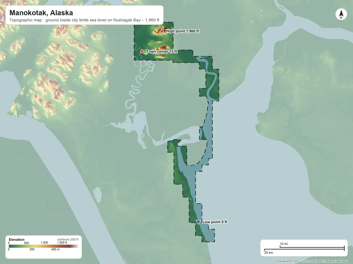 Topographic elevation map of Manokotak, Alaska, shaded from sea level level on Nushagak Bay to 1,960 ft on Gnarled Mountain