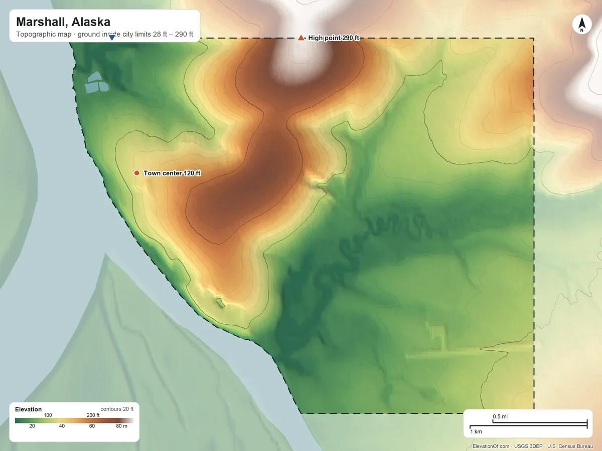 Topographic elevation map of Marshall, Alaska, shaded from 28 ft on the north side to 290 ft on the northeast edge, below higher ground just outside