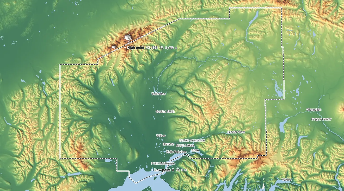 Topographic elevation map of Matanuska-Susitna Borough, Alaska, shaded from sea level on Cook Inlet to 14,500 ft on Mount Hunter