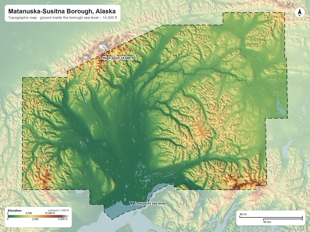 Topographic elevation map of Matanuska-Susitna Borough, Alaska, shaded from sea level on Cook Inlet to 14,500 ft on Mount Hunter