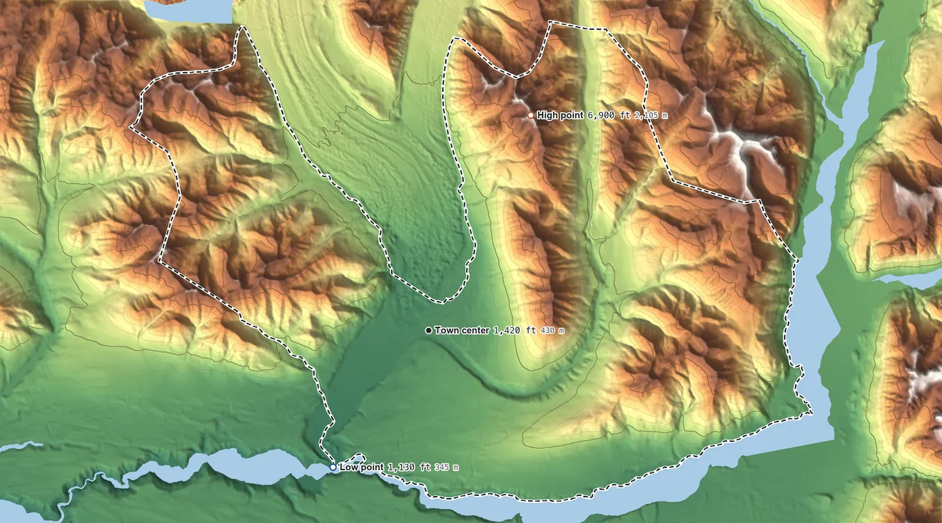 Topographic elevation map of McCarthy, Alaska, shaded from 1,130 ft on the southwest side to 6,900 ft on Bonanza Peak
