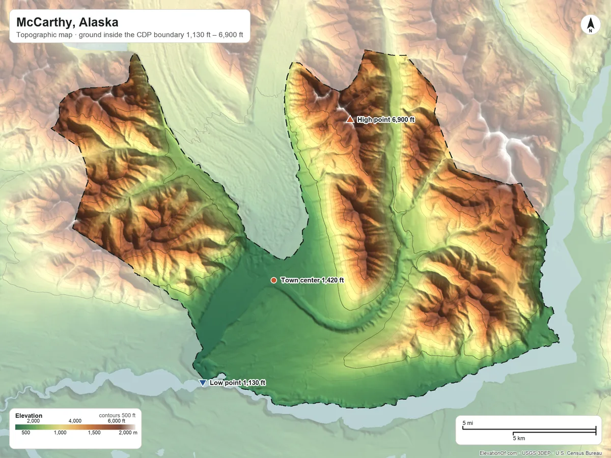 Topographic elevation map of McCarthy, Alaska, shaded from 1,130 ft on the southwest side to 6,900 ft on Bonanza Peak