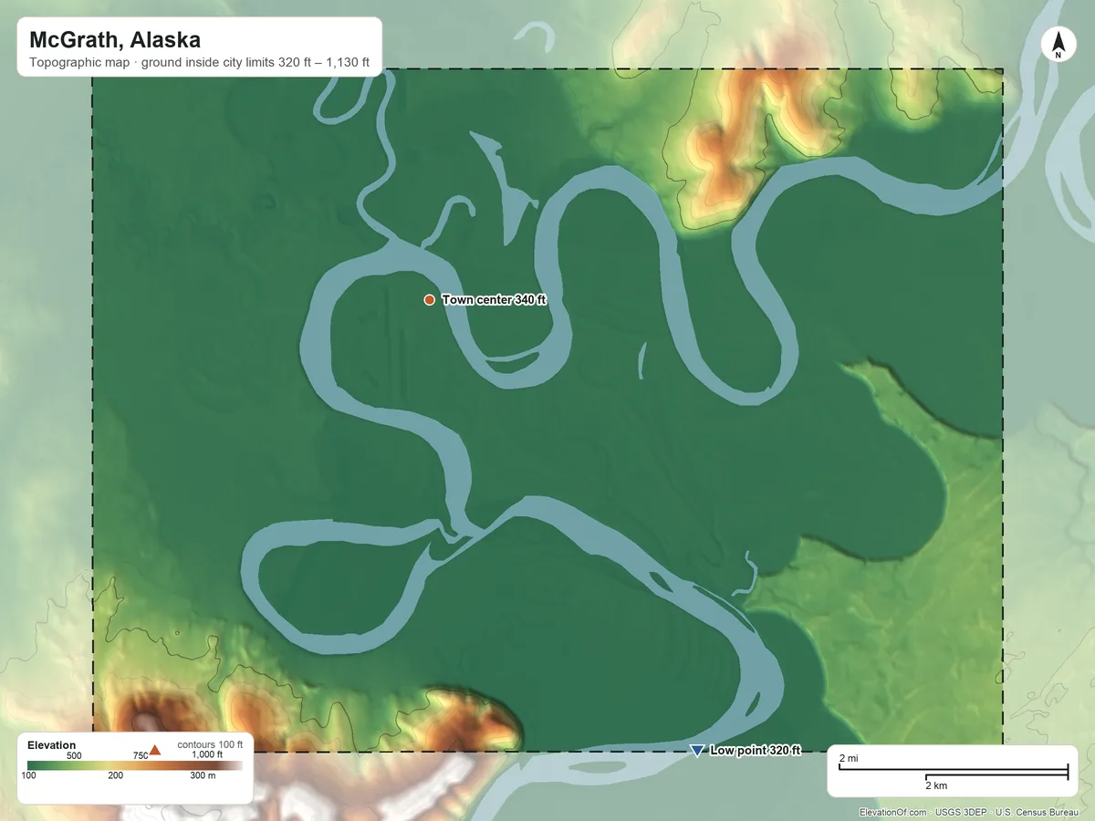 Topographic elevation map of McGrath, Alaska, shaded from 320 ft on the southeast side to 1,130 ft at the foot of the Roundabout Mountains