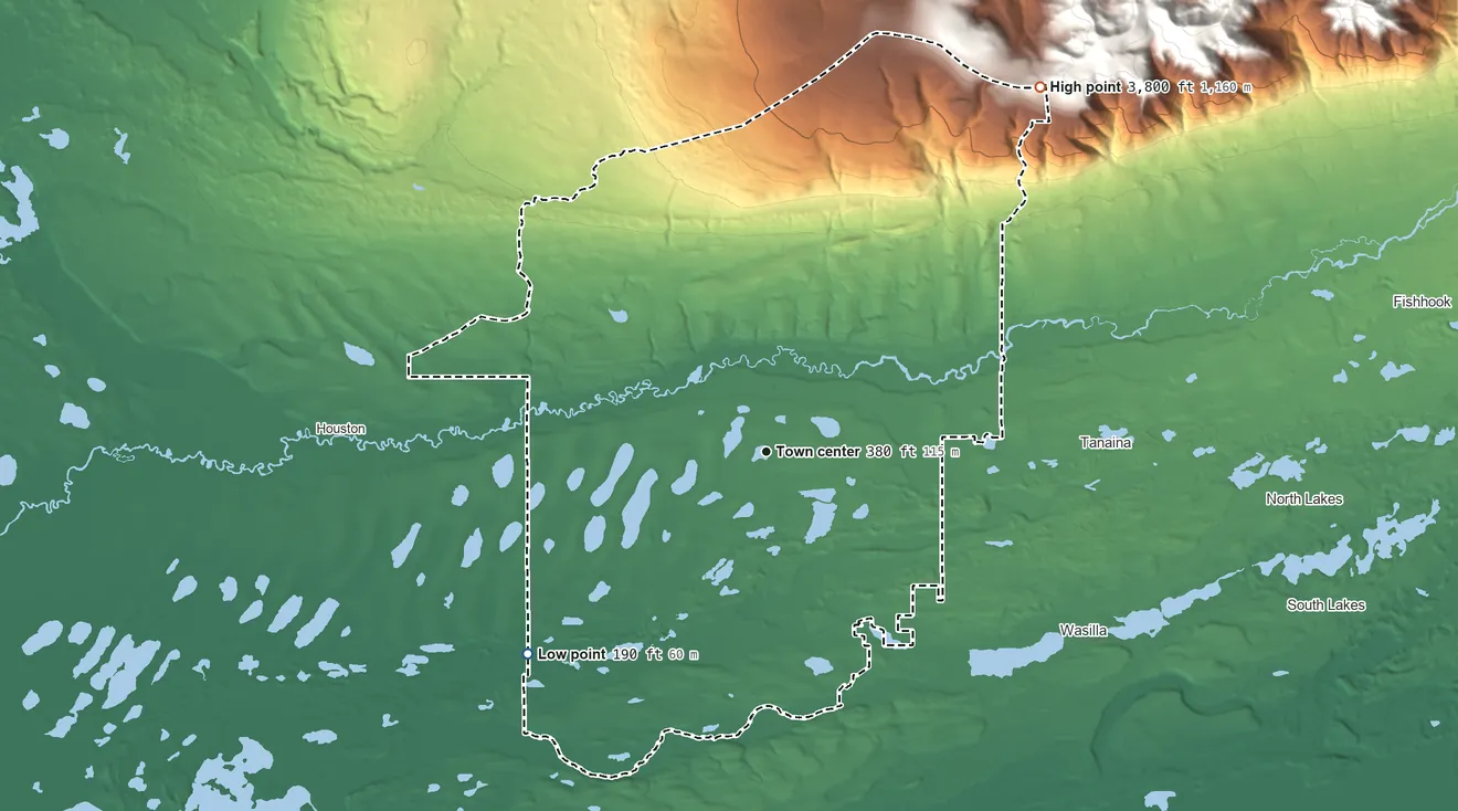 Topographic elevation map of Meadow Lakes, Alaska, shaded from 190 ft on the southwest side to 3,800 ft on the northeast edge, below higher ground just outside