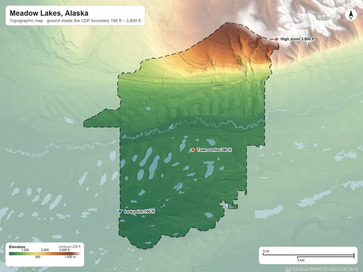Topographic elevation map of Meadow Lakes, Alaska, shaded from 190 ft on the southwest side to 3,800 ft on the northeast edge, below higher ground just outside