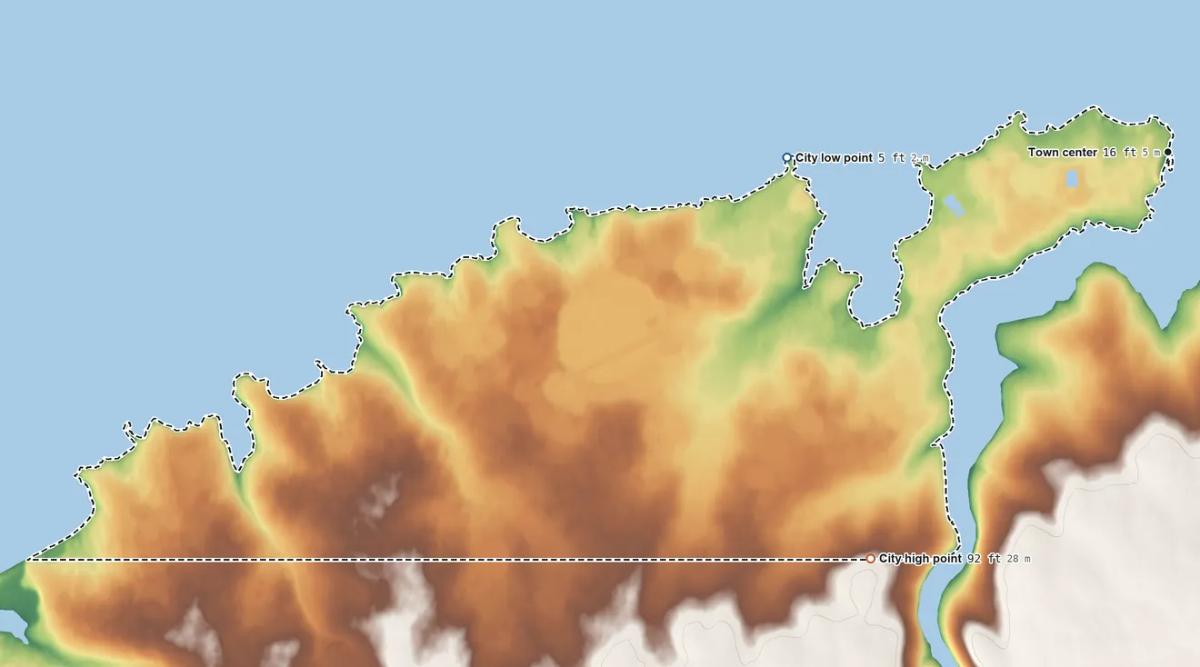 Topographic elevation map of Mekoryuk, Alaska, shaded from 5 ft on the west side to 92 ft on the southwest side