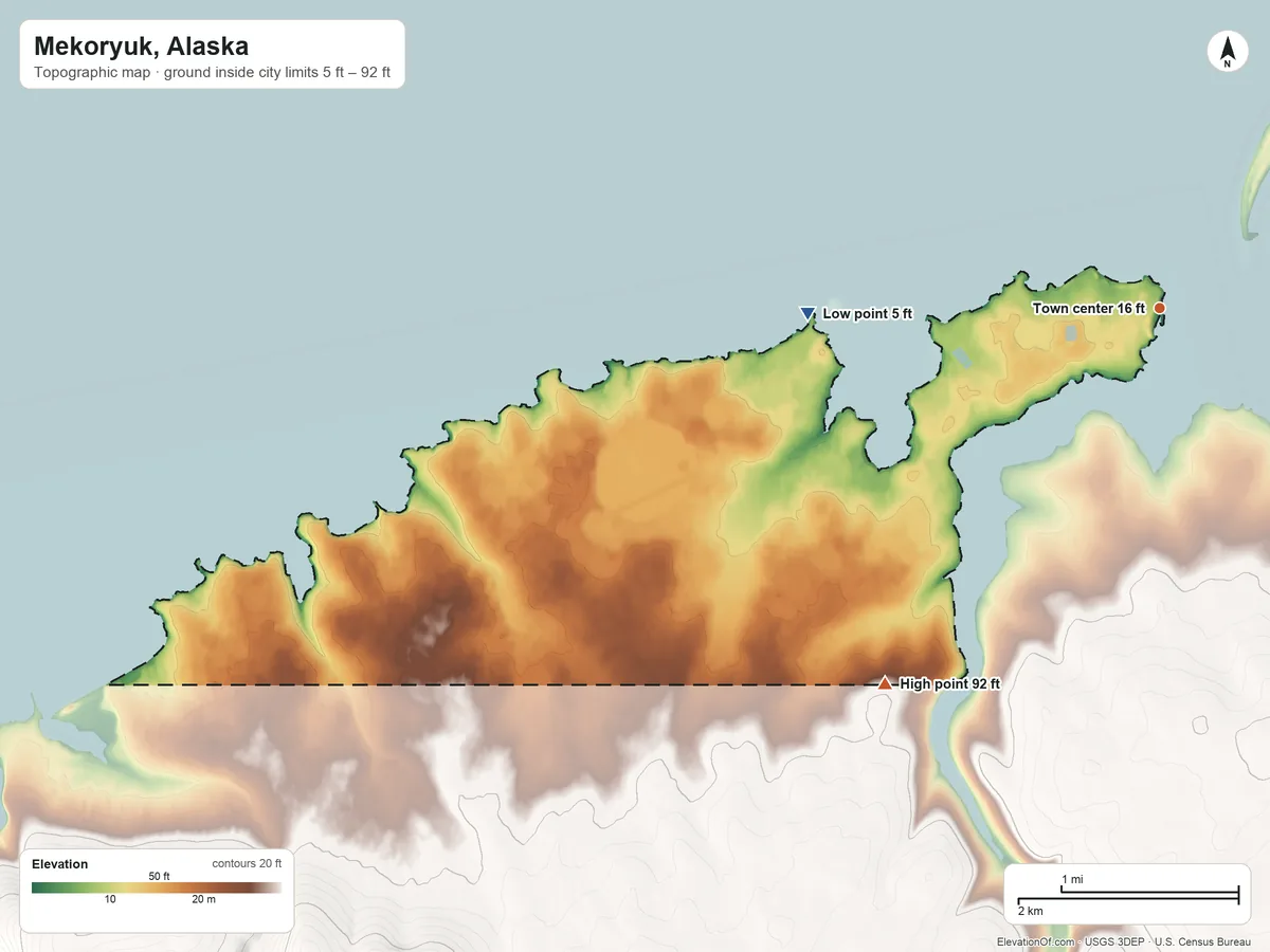 Topographic elevation map of Mekoryuk, Alaska, shaded from 5 ft on the west side to 92 ft on the southwest side